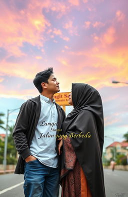 A romantic scene depicting a couple from different religious backgrounds, standing on a picturesque street under a beautiful sky filled with vibrant colors