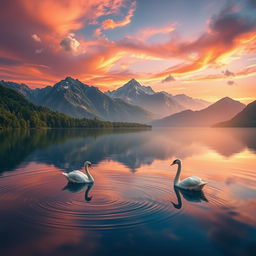 An artistic landscape featuring a serene sunset over a calm lake, surrounded by lush greenery and majestic mountains in the background