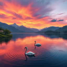 An artistic landscape featuring a serene sunset over a calm lake, surrounded by lush greenery and majestic mountains in the background