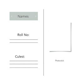 A beautifully designed A4 page layout featuring sections for 'Name', 'Roll No', 'Subject', and 'Class' prominently displayed in the center