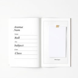 A beautifully designed A4 page layout featuring sections for 'Name', 'Roll No', 'Subject', and 'Class' prominently displayed in the center