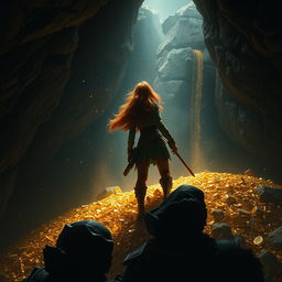 A tense and dramatic scene set in a dark dragon’s lair, absent of the dragon