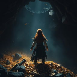 A tense and dramatic scene set in a dark dragon’s lair, absent of the dragon