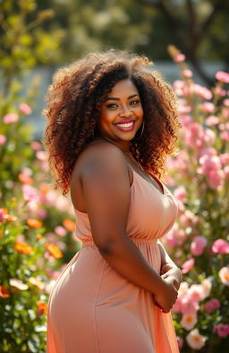 A curvy girl with stunning caramel-colored skin and voluminous curly hair, standing confidently with a warm smile