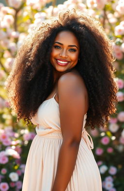 A curvy girl with stunning caramel-colored skin and voluminous curly hair, standing confidently with a warm smile