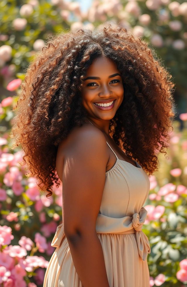 A curvy girl with stunning caramel-colored skin and voluminous curly hair, standing confidently with a warm smile