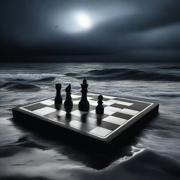 A high-quality digital art piece depicting a polished chess board floating amidst the crashing waves of a dark, moody ocean under a starless, moonlit sky