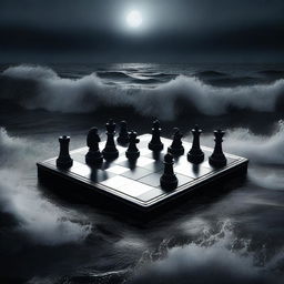 A high-quality digital art piece depicting a polished chess board floating amidst the crashing waves of a dark, moody ocean under a starless, moonlit sky