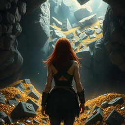 A tense and dramatic scene set in a dragon’s lair filled with a vast array of treasure, but without the dragon present