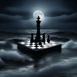 A high-quality digital art piece depicting a polished chess board floating amidst the crashing waves of a dark, moody ocean under a starless, moonlit sky