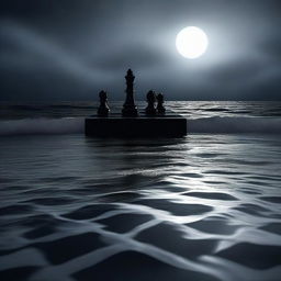 A high-quality digital art piece depicting a polished chess board floating amidst the crashing waves of a dark, moody ocean under a starless, moonlit sky