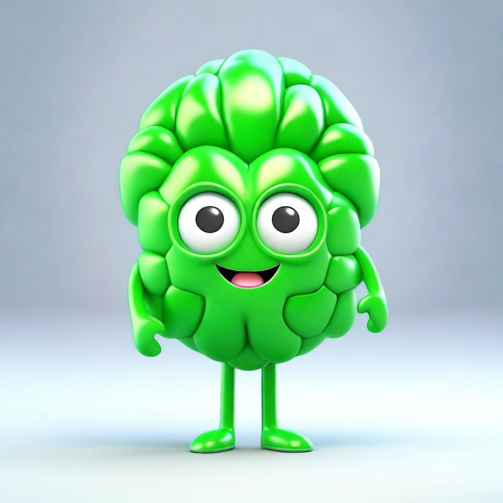 Create a cute 3D character in the form of a green brain, wearing a stylish backpack.