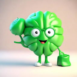 Create a cute 3D character in the form of a green brain, wearing a stylish backpack.