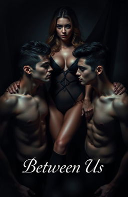 A dark romantic scene depicting a twisted love triangle between two identical male twins and a captivating woman