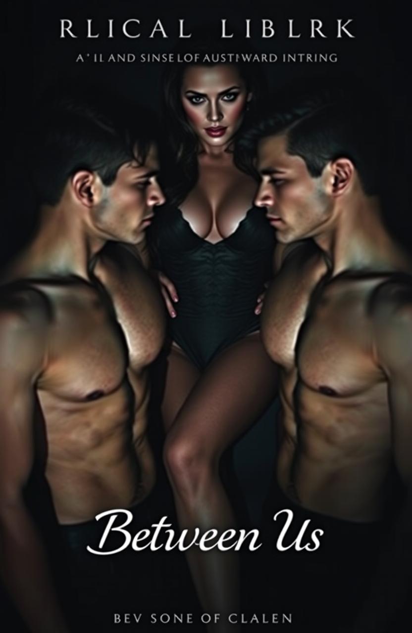 A dark romantic scene depicting a twisted love triangle between two identical male twins and a captivating woman