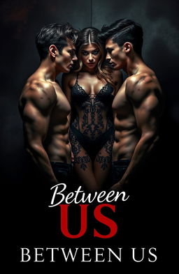 A dark romantic scene depicting a twisted love triangle between two identical male twins and a captivating woman