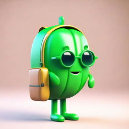 Create a cute 3D character in the form of a green brain, wearing a stylish backpack.