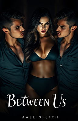A romantic yet twisted scene depicting a woman with an aura of power and allure, confidently standing between two identical male twins