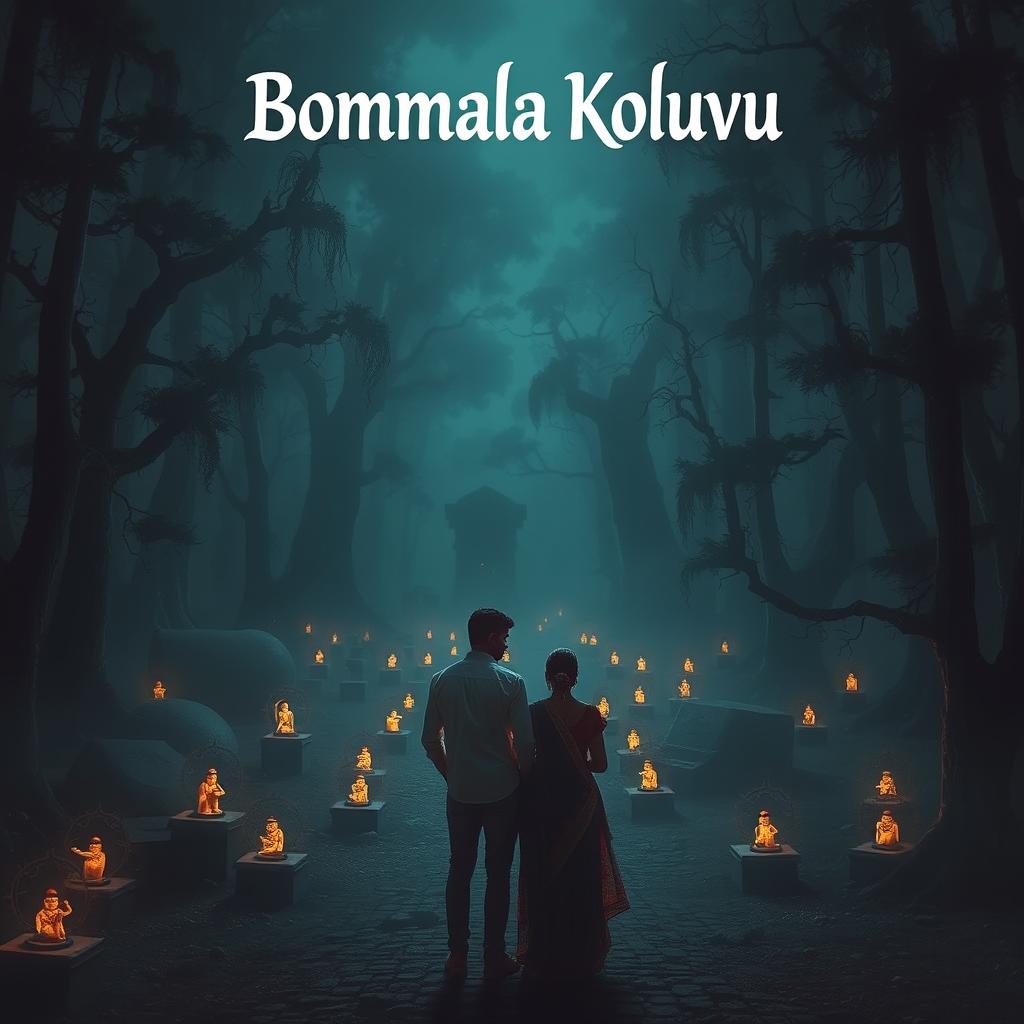 A mystical twilight forest shrouded in mist, featuring ancient graves adorned with glowing figurines scattered throughout