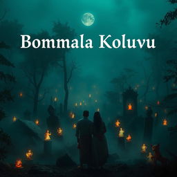 A mystical twilight forest shrouded in mist, featuring ancient graves adorned with glowing figurines scattered throughout