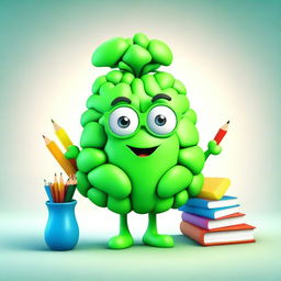 Create a cute 3D character in the form of a green brain, wearing a school backpack filled with books and pencils.