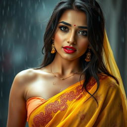 A stunning Indian model wearing a beautiful yellow chiffon saree with intricate designs, showcasing her bright, captivating eyes and gorgeous face