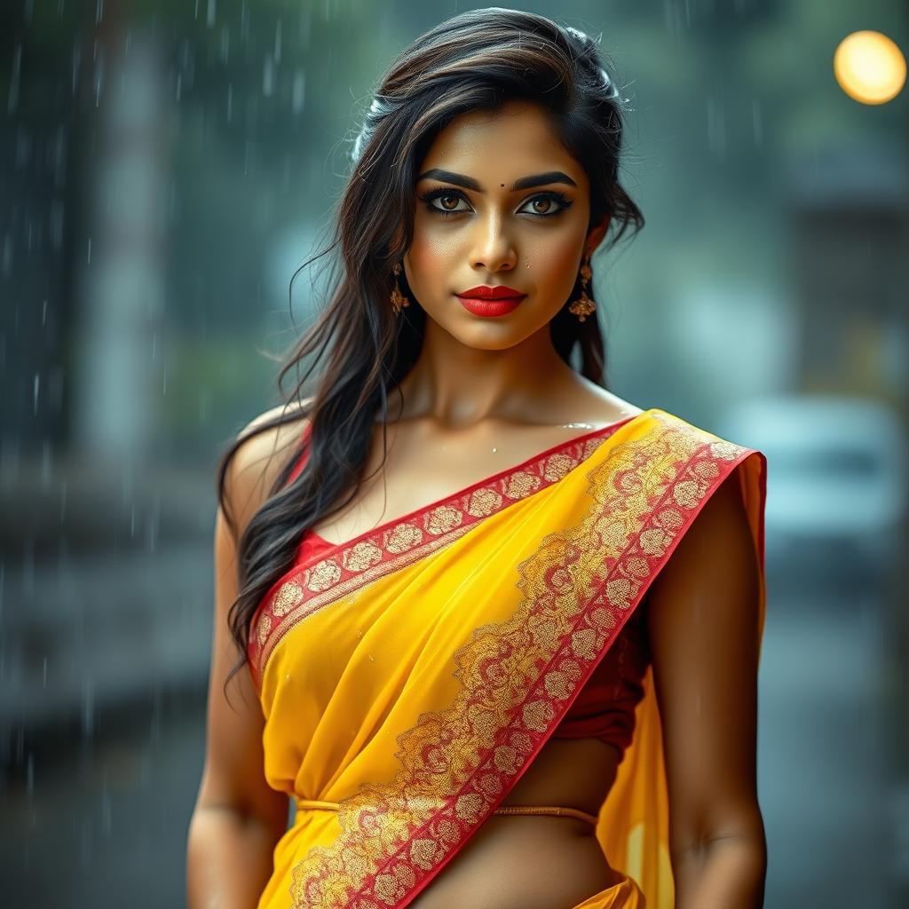 A stunning Indian model wearing a beautiful yellow chiffon saree with intricate designs, showcasing her bright, captivating eyes and gorgeous face