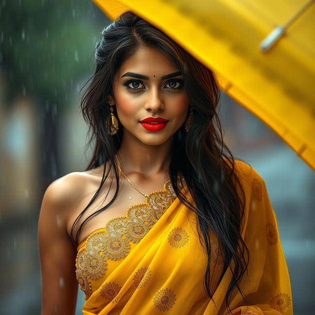 A stunning Indian model wearing a beautiful yellow chiffon saree with intricate designs, showcasing her bright, captivating eyes and gorgeous face