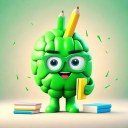 Create a cute 3D character in the form of a green brain, wearing a school backpack filled with books and pencils.