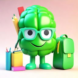 Create a cute 3D character in the form of a green brain, wearing a school backpack filled with books and pencils.