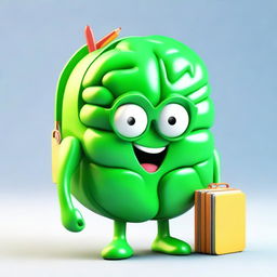 Create a cute 3D character in the form of a green brain, wearing a school backpack filled with books and pencils.