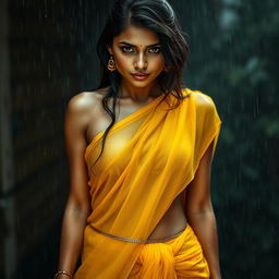 A stunning Indian model wearing a low hip, transparent yellow chiffon saree, showcasing her gorgeous face and bright eyes