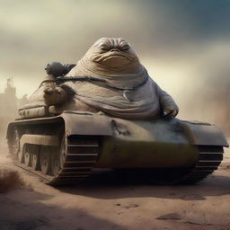 A cinematic digital art piece featuring Jabba the Hutt from Star Wars operating a WWII-era German Panther tank in a war-torn battlefield