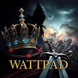 An intriguing Wattpad cover featuring an ornate crown adorned with shimmering jewels, encircled by sharp, twisting thorns that suggest danger