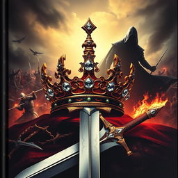An intriguing Wattpad cover featuring an ornate crown adorned with shimmering jewels, encircled by sharp, twisting thorns that suggest danger