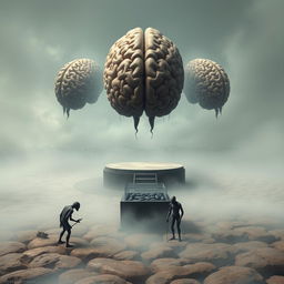 An eerie and surreal landscape where the ground resembles a giant brain, stretching endlessly to the horizon, partially obscured by a thick mist that adds an air of mystery to the scene