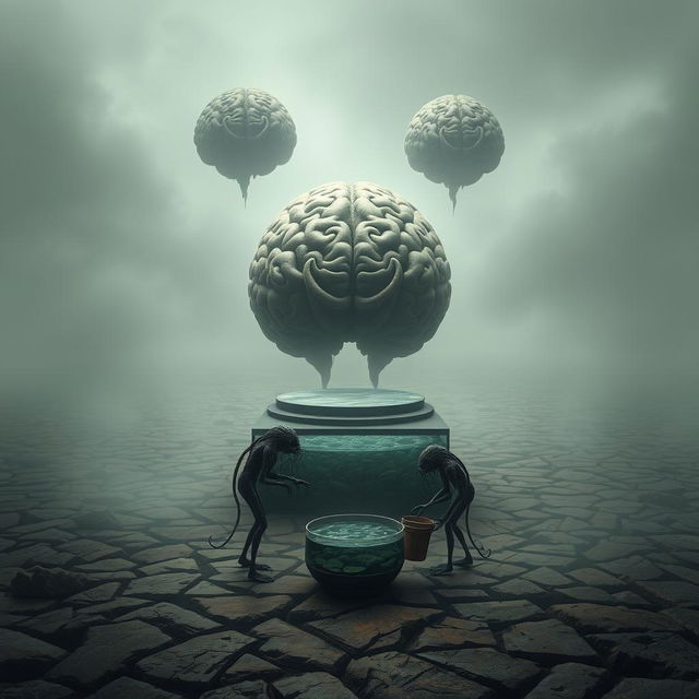 An eerie and surreal landscape where the ground resembles a giant brain, stretching endlessly to the horizon, partially obscured by a thick mist that adds an air of mystery to the scene