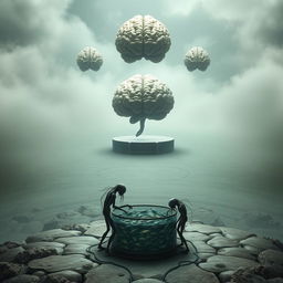 An eerie and surreal landscape where the ground resembles a giant brain, stretching endlessly to the horizon, partially obscured by a thick mist that adds an air of mystery to the scene