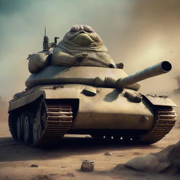 A cinematic digital art piece featuring Jabba the Hutt from Star Wars operating a WWII-era German Panther tank in a war-torn battlefield