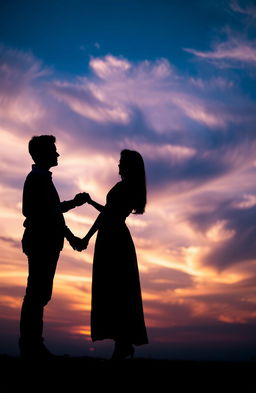 A romantic couple silhouetted against a stunning bluish-purple sky during sunset