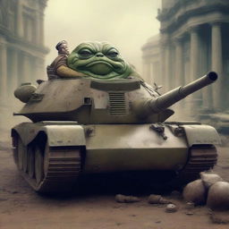 A cinematic digital art piece featuring Jabba the Hutt from Star Wars operating a WWII-era German Panther tank in a war-torn battlefield