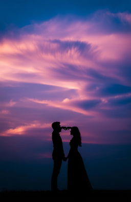 A romantic couple silhouetted against a stunning bluish-purple sky during sunset