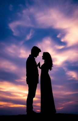 A romantic couple silhouetted against a stunning bluish-purple sky during sunset