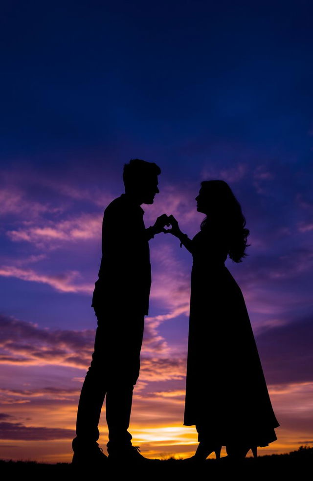 A romantic couple silhouetted against a stunning bluish-purple sky during sunset