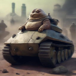 A cinematic digital art piece featuring Jabba the Hutt from Star Wars operating a WWII-era German Panther tank in a war-torn battlefield