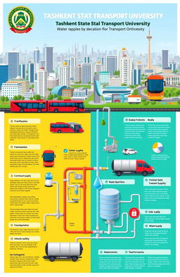 A detailed infographic showcasing the transport industry in Uzbekistan, specifically highlighting the Ministry of Transport and the Tashkent State Transport University