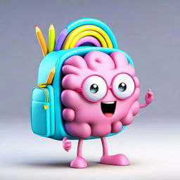 Create a vivid 3D character in the form of a cute brain, wearing a school backpack filled with books and pencils.