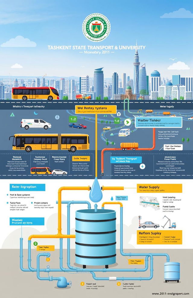 A detailed infographic showcasing the transport industry in Uzbekistan, specifically highlighting the Ministry of Transport and the Tashkent State Transport University