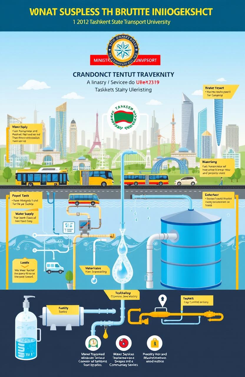 A detailed infographic showcasing the transport industry in Uzbekistan, specifically highlighting the Ministry of Transport and the Tashkent State Transport University