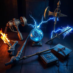 A fantasy-themed tabletop scene featuring five distinct weapons artfully arranged around a central area